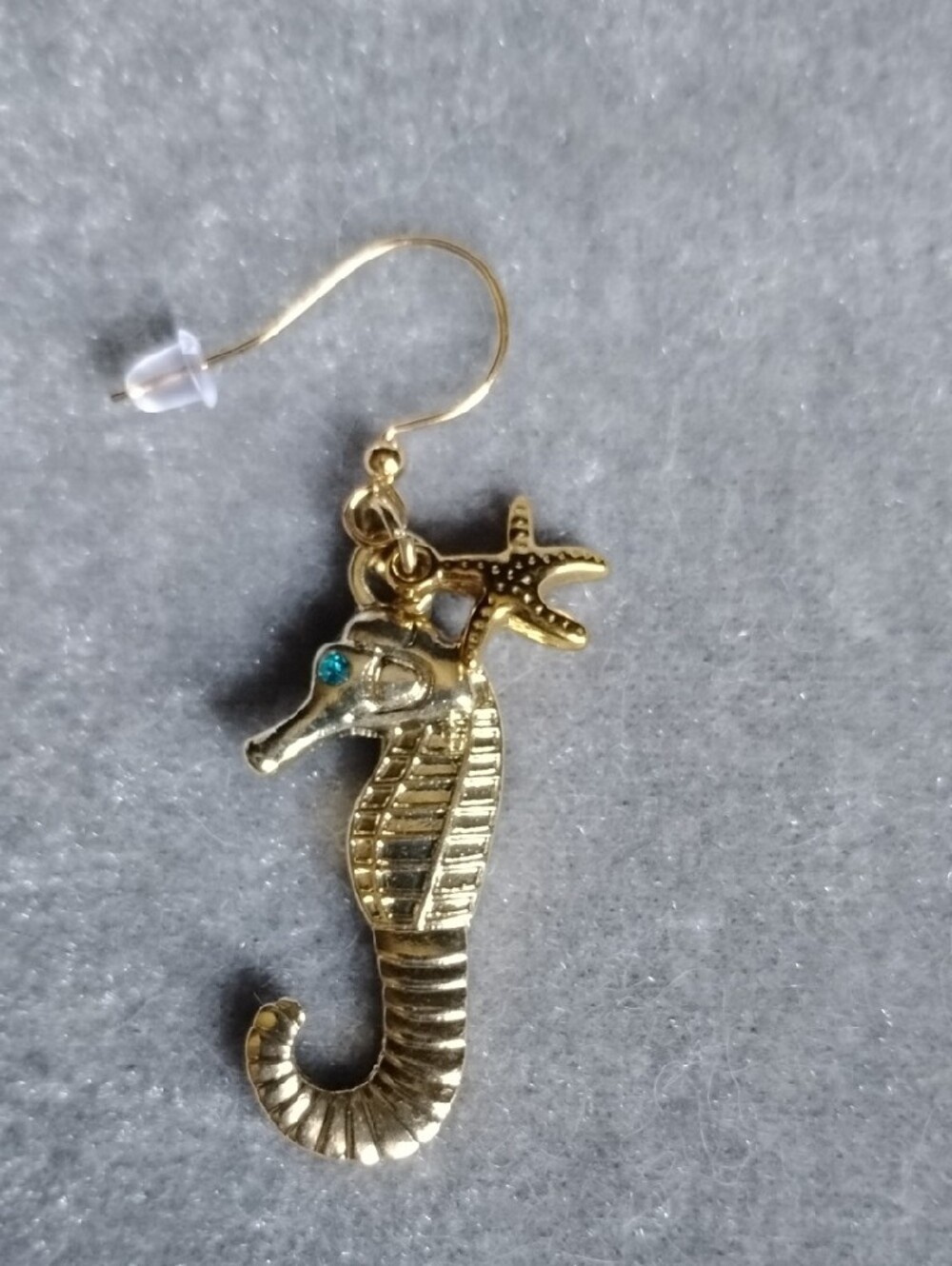 Gold Seahorse Earrings with Turquoise Accent - Picture 4 of 6